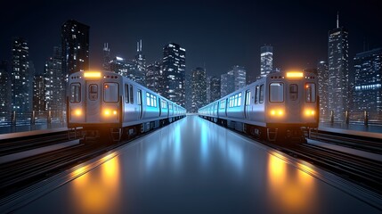 Fototapeta premium Modern trains on tracks at night with a city skyline illuminated by lights