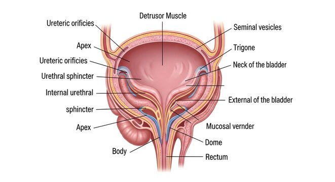High detailed anatomical illustration of male urinary bladder, showing detrusor muscle, trigone, ureteric orifices, internal and external urethral sphincters, neck of bladder, urethra and surrounding 