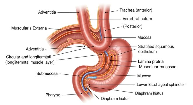 High detailed anatomical illustration of esophagus entering stomach at diaphragm, depicting mucosa, submucosa, muscularis externa, adventitia, lower esophageal sphincter, diaphragmatic hiatus and rela