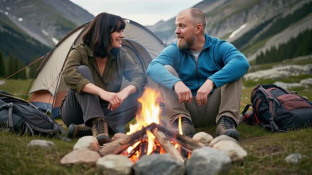 A couple sits by a campfire under the stars in the mountains. They enjoy their time talking and laughing while surrounded by tents and open nature.