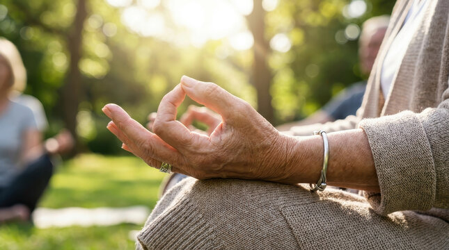 Elderly people doing yoga in park meditate together on green grass under warm sunlight creating calm healthy lifestyle scene with mindful relaxation outdoor group exercise focus