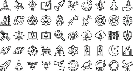 Space exploration and rocket technology line icons set, astronaut satellite galaxy telescope shuttle universe outline vector collectionSpace exploration and rocket technology line icons set © MdMoktar