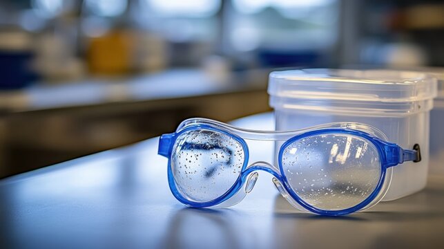 Blue safety goggles with water droplets resting on a lab surface next to a sealed container
