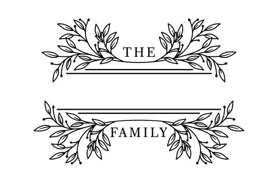 Floral wreath family name sign split monogram vector design 