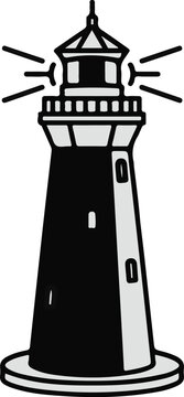 A tall, tapered lighthouse with a beacon emitting light rays