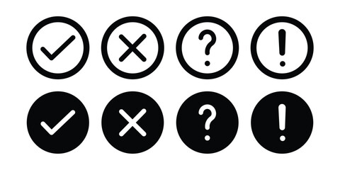 Check Mark, Cross and Exclamation Icon Set – Approval, Error, Warning Round Symbols Vector © MDSOHEL