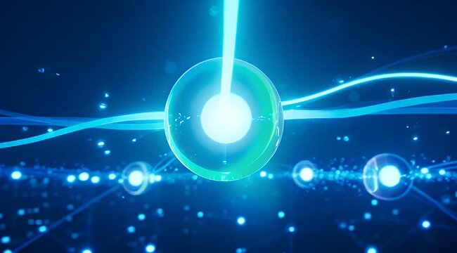 Glowing blue orb with radiant light and network connections.