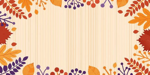 Autumn leaves and berries form a decorative frame around a beige background © Tithi