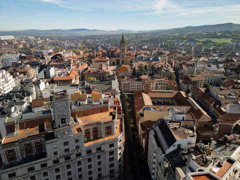 Traditional European town historic buildings facade aerial drone panorama view.
