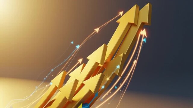 Rising colorful bar graph with gold arrows trending upward in business finance setting