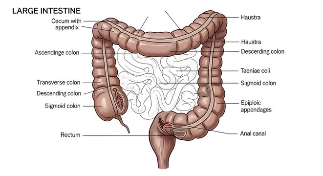 High detailed anatomical illustration of the human large intestine in color, labeling cecum with appendix, ascending, transverse, descending and sigmoid colon, rectum, anal canal, haustra, taenia coli