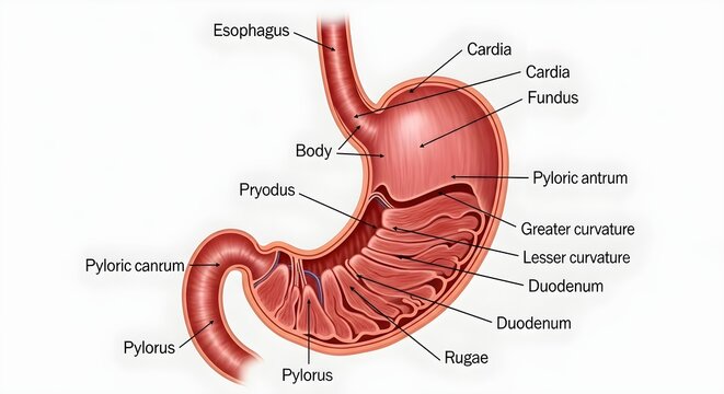 High detailed anatomical diagram of human stomach and proximal duodenum, labeling cardia, fundus, body, pyloric antrum, pyloric canal, pylorus, rugae, greater and lesser curvatures and duodenum for de