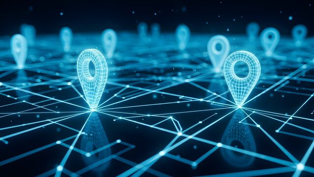 Global logistics and location tracking network. Navigation map and geolocation concept. Digital glowing blue map pins connected by lines on a dark technological grid background