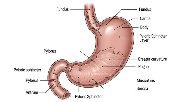 High detailed anatomical stomach illustration in color, labeling fundus, cardia, body, pylorus, pyloric sphincter, antrum, greater curvature, rugae, muscularis and serosa layers for digestive system, 