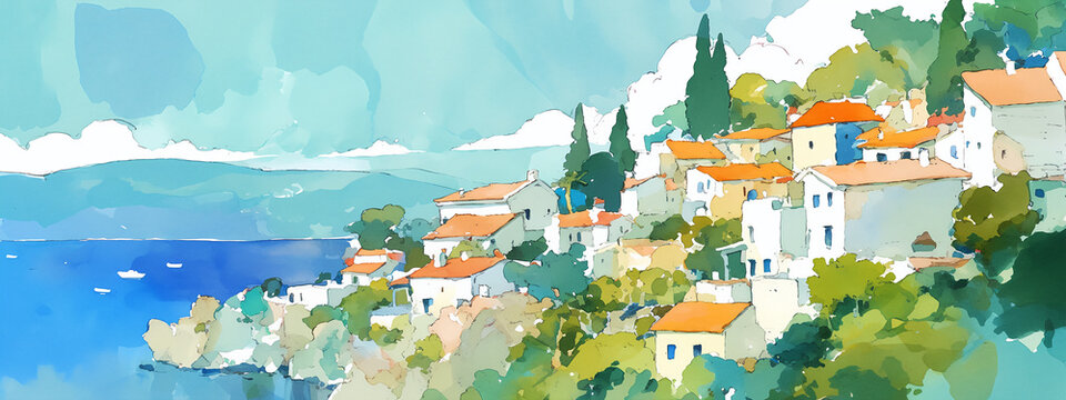 Stylized watercolor illustration of a large mediterranean village on a green coast. Picturesque landscape of a seaside town with houses, trees, and blue sea. Cheerful european travel drawing