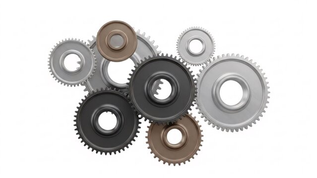 Metallic gears interlocking against a white background for business technology