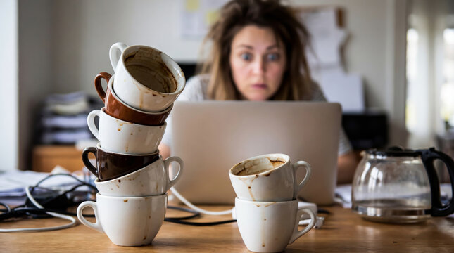 High stack of dirty coffee cups on the desk in front of a shocked woman with a laptop. Funny concept of caffeine abuse and workaholism in the home office