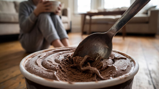 A woman in pajamas sits on the floor and eats chocolate ice cream to lift her spirits. Concept of emotional overeating and depression after a breakup