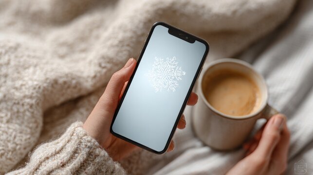Smartphone mock up with snowflake design and cozy coffee cup on soft knitted blanket