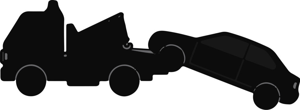 A black tow truck hauls a black car on a white background