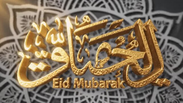 Golden 3D Arabic calligraphy Eid Mubarak greeting with elegant ornamental background