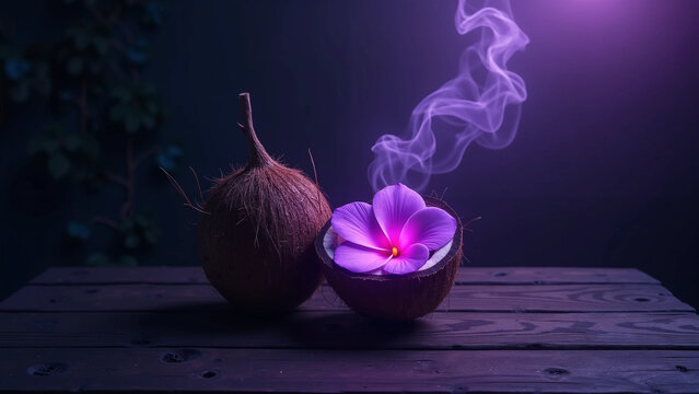 Surreal Zen Still Life with a Purple Glowing Flower inside a Halved Coconut and Ethereal Smoke Drifting on a Dark Wooden Table, Tropical Mystery Concept