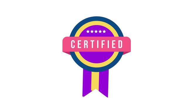 Vibrant certified badge with purple and gold ribbons 4k animated stock video in white color background