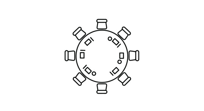 Flat illustration of round table with eight chairs isolated on white background