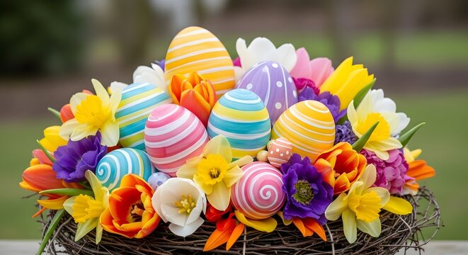 Vibrant easter egg and flower arrangement in wicker basket