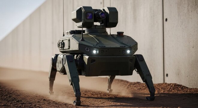 Military surveillance robot walking on desert road at sunset with advanced camera and sensors for security and defense