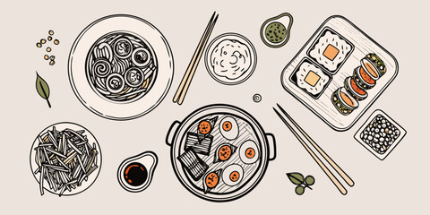 A colorful illustrated flat lay of various japanese cuisine dishes © Asit