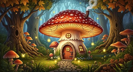 Fototapeta premium Whimsical mushroom house in forest with glowing lights
