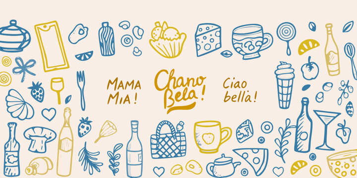 Hand drawn doodle illustration featuring food drinks and italian phrases