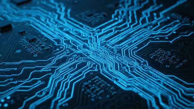 Close-up view of intricate blue circuit board pathways, representing advanced technology and digital connectivity, with a focus on electronic components and data flow