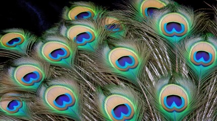 Obraz premium Close-up view of vibrant iridescent peacock feathers displaying their distinctive eye patterns and rich colors
