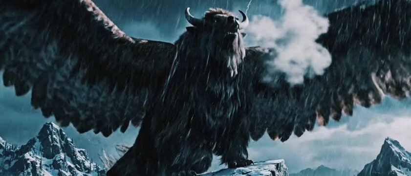 Massive Himalayan yak fused with powerful hawk wings standing on stormy mountain ridge, lightning illuminating thick fur and feather textures, ultra-cinematic realism.