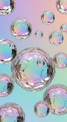 Fototapeta premium Iridescent bubbles float in pastel rainbow gradient background