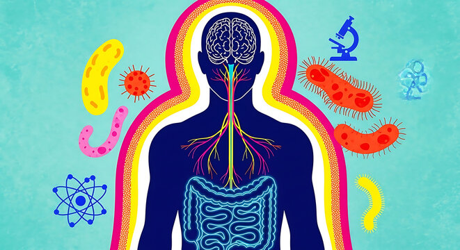 Human body microbiome concept with gut brain connection, colorful illustration