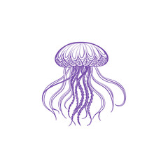 Fototapeta premium Intricate purple line art illustration of a jellyfish with flowing tentacles on a white background.