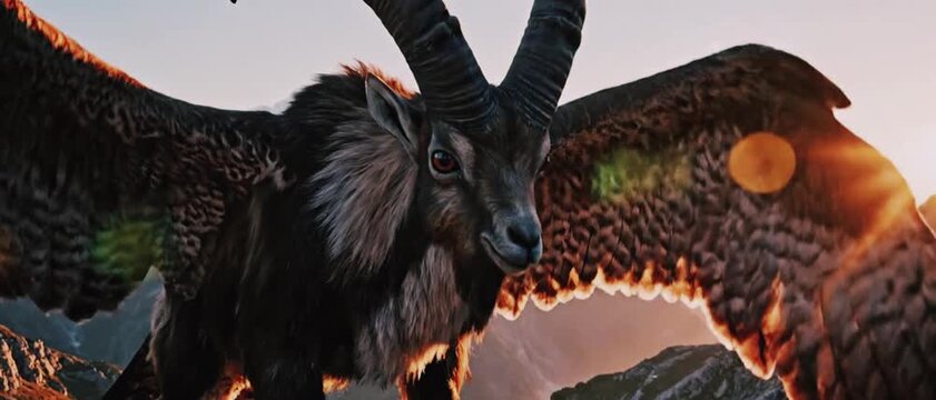 Agile mountain ibex fused with sharp falcon wings standing on rocky alpine ridge with wind moving fur and feathers naturally, cinematic sunrise realism.