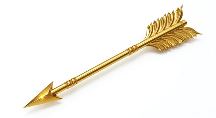 Golden arrow with ornate feathers on white background