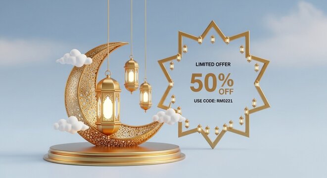 Bulan sabit Ramadan keemasan dengan lampion dan penawaran diskon 50%
