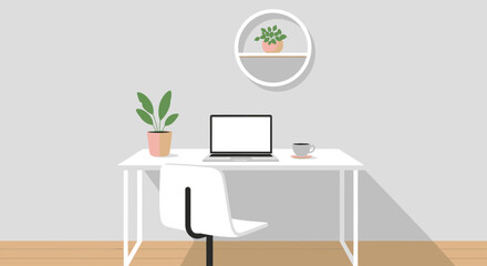 Fototapeta premium Modern workspace desk with laptop plant and coffee minimal office interior vector illustration
