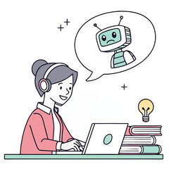 Fototapeta premium Student Studying with Laptop and AI Chatbot Assistant Digital Learning Flat Vector Illustration