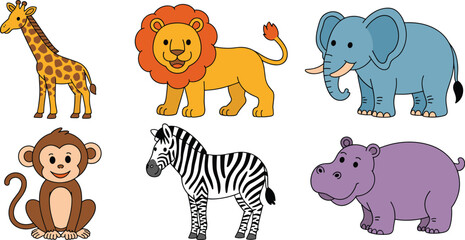 Cute wild safari animal character set featuring giraffe lion elephant monkey zebra and hippo for children education and nursery design © Creative Rayhan