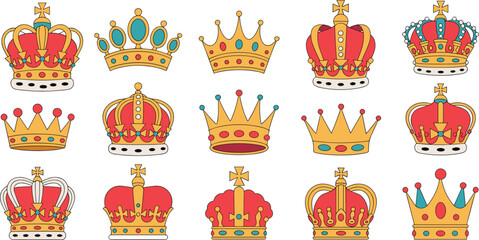 Elegant royal crown vector set featuring golden tiaras and majestic king headwear in a clean flat line art style © Creative Rayhan