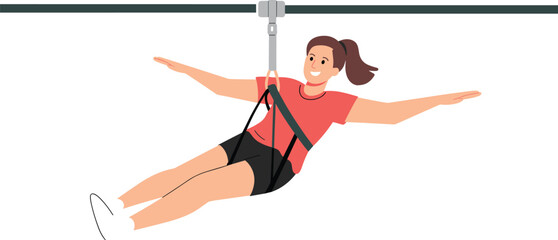 Happy young woman enjoying zipline adventure outdoor activity minimalist flat vector illustration isolated on white background for travel and leisure © Creative Rayhan