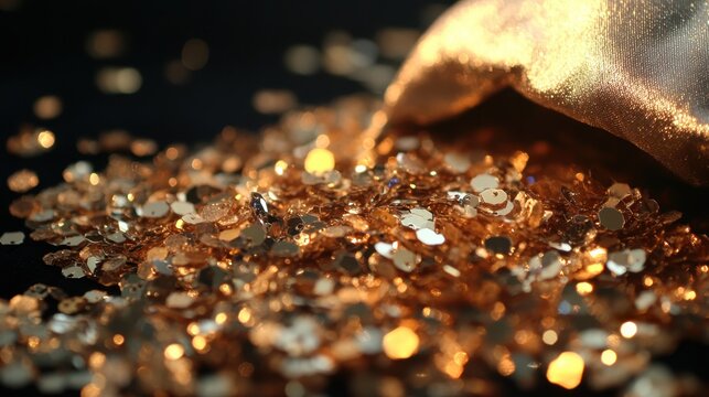 Close-up of gleaming metallic gold glitter and sequins scattered with a soft, warm bokeh background