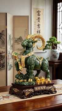 Luxury feng shui goat statue with jade details and gold horns, Chinese prosperity symbol, elegant decorative sculpture

