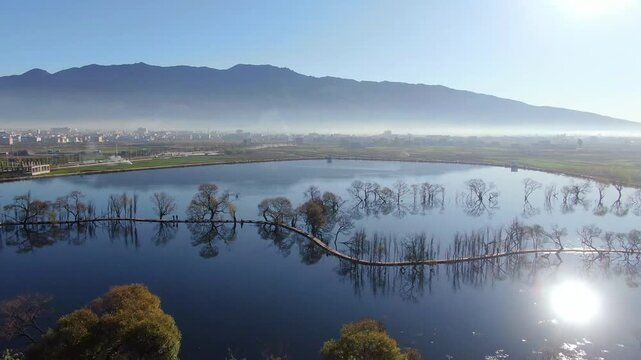 Erhai Lake Dali Morning Mist Aerial View with Wetlands and Mountains